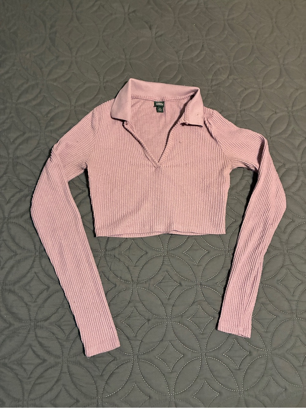 Ribbed Collared Cropped Long-Sleeve Top - Pink